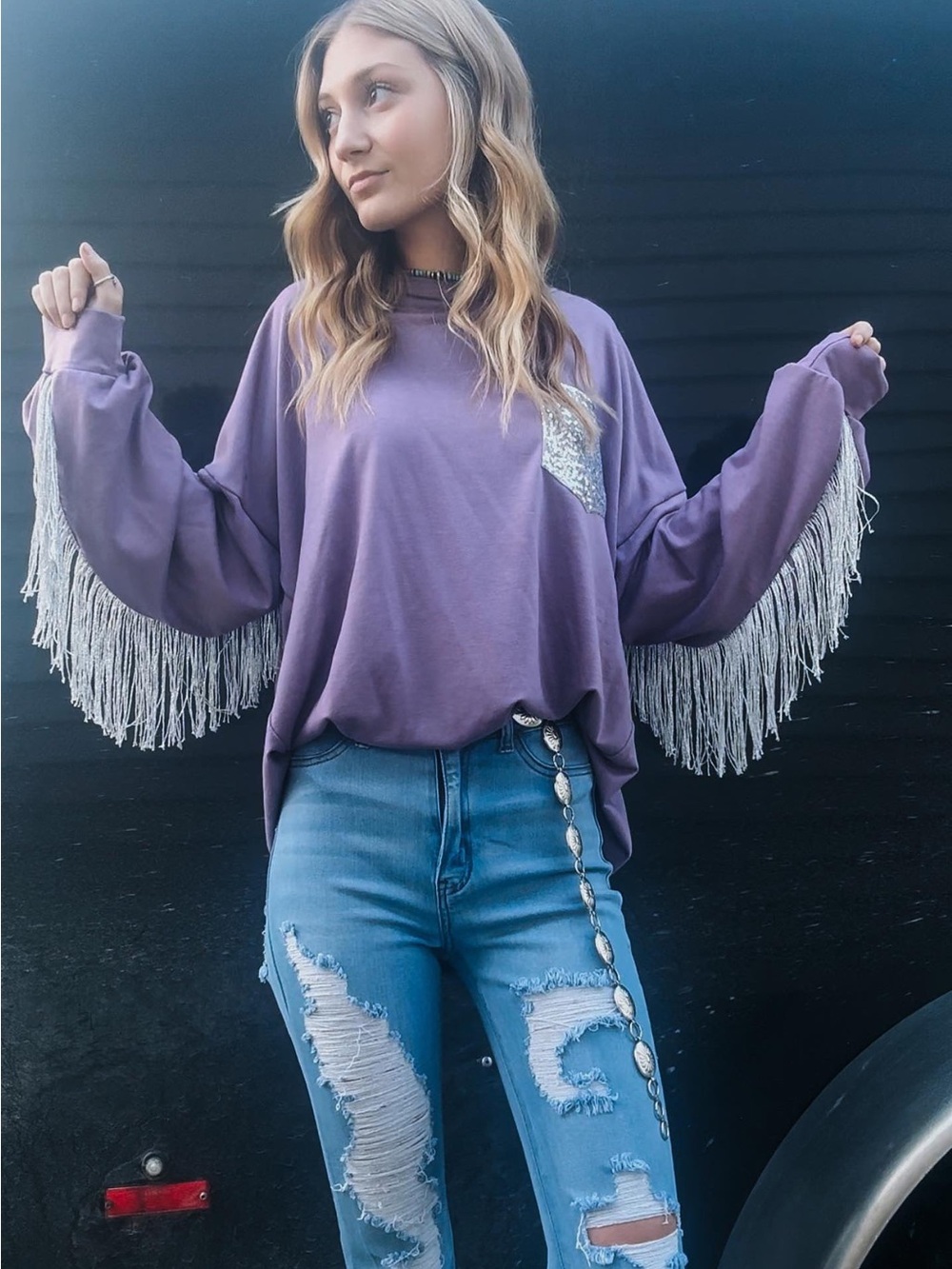 Purple Fringe-Sleeve Women's Top with Sequin Pocket